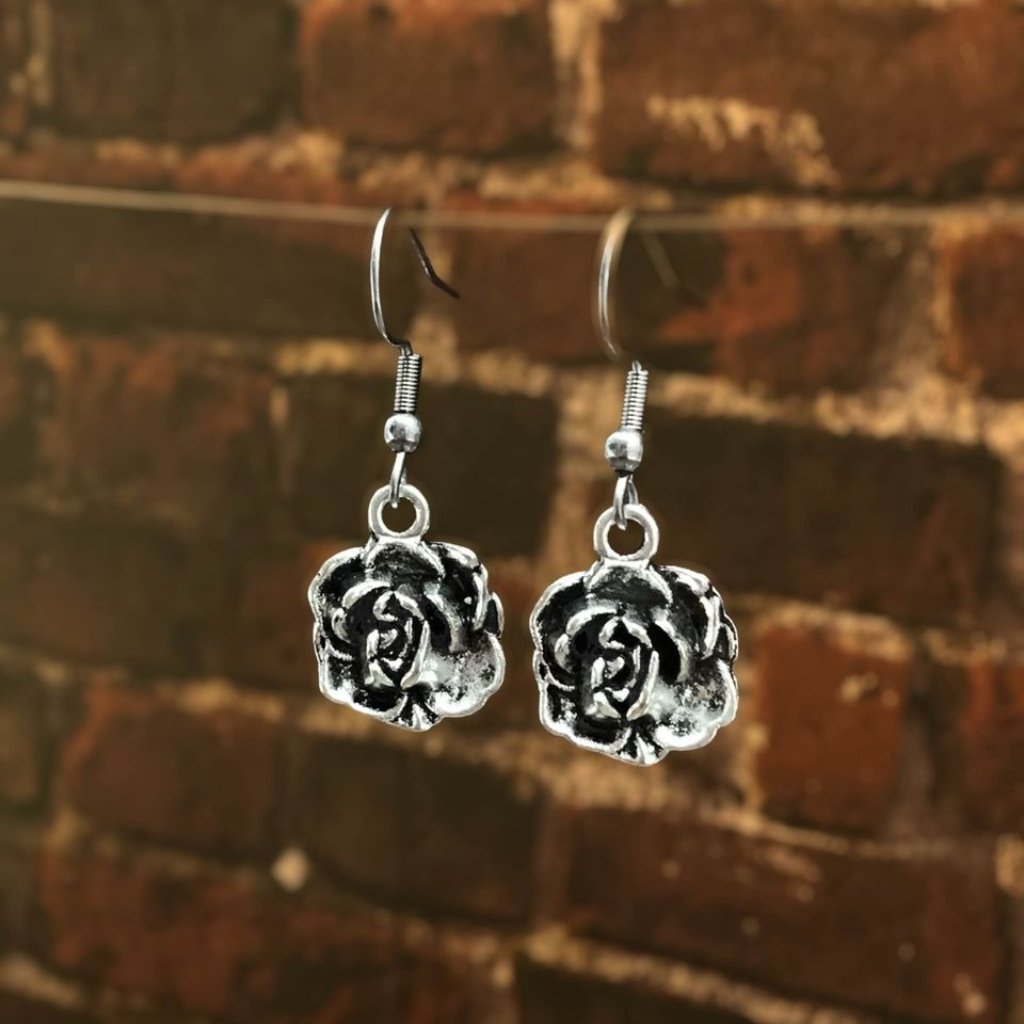 Silver Tone Rose Earrings Stainless Steel Hook